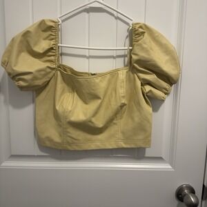 7 For All Mankind Top Womens S Yellow Pleather Crop Blouse Puff Sleeve Zipper‎